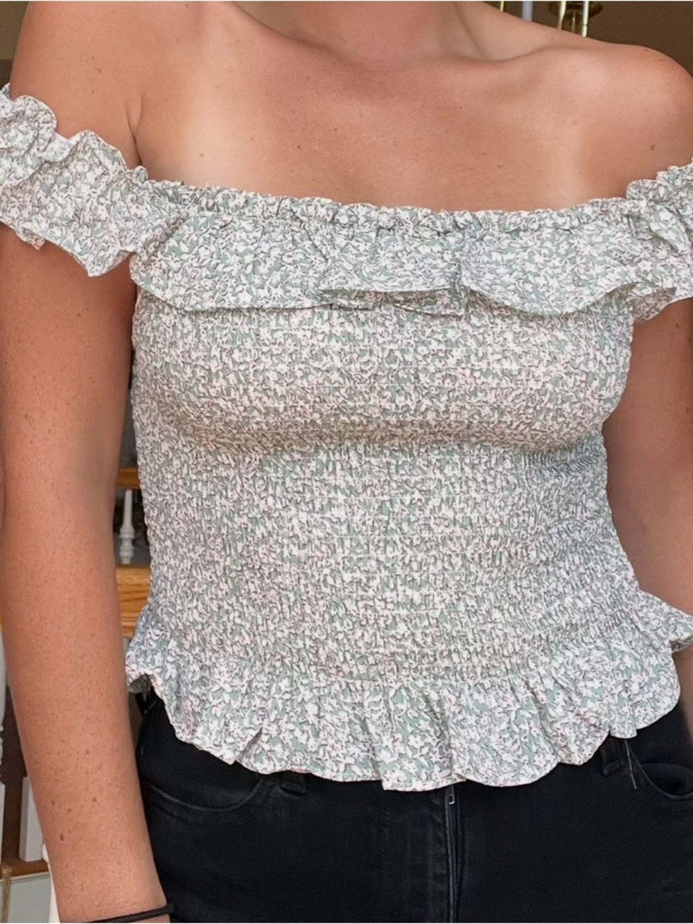 Smocked Off-Shoulder Ruffle Top in Light Green Floral
